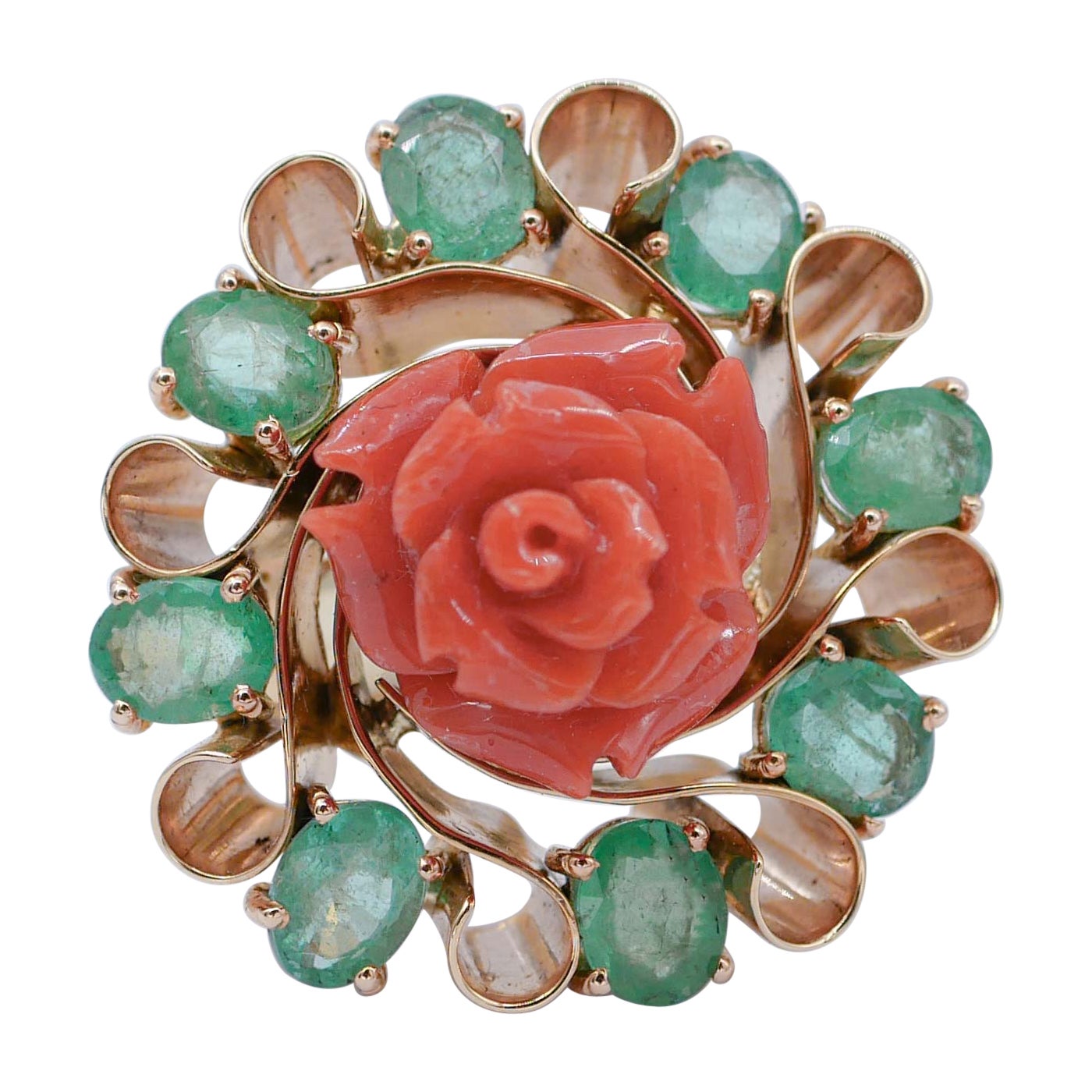 Coral, Emeralds, 14 Karat Rose Gold Ring. For Sale