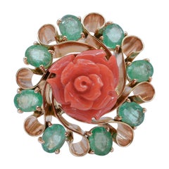 Coral, Emeralds, 14 Karat Rose Gold Ring.