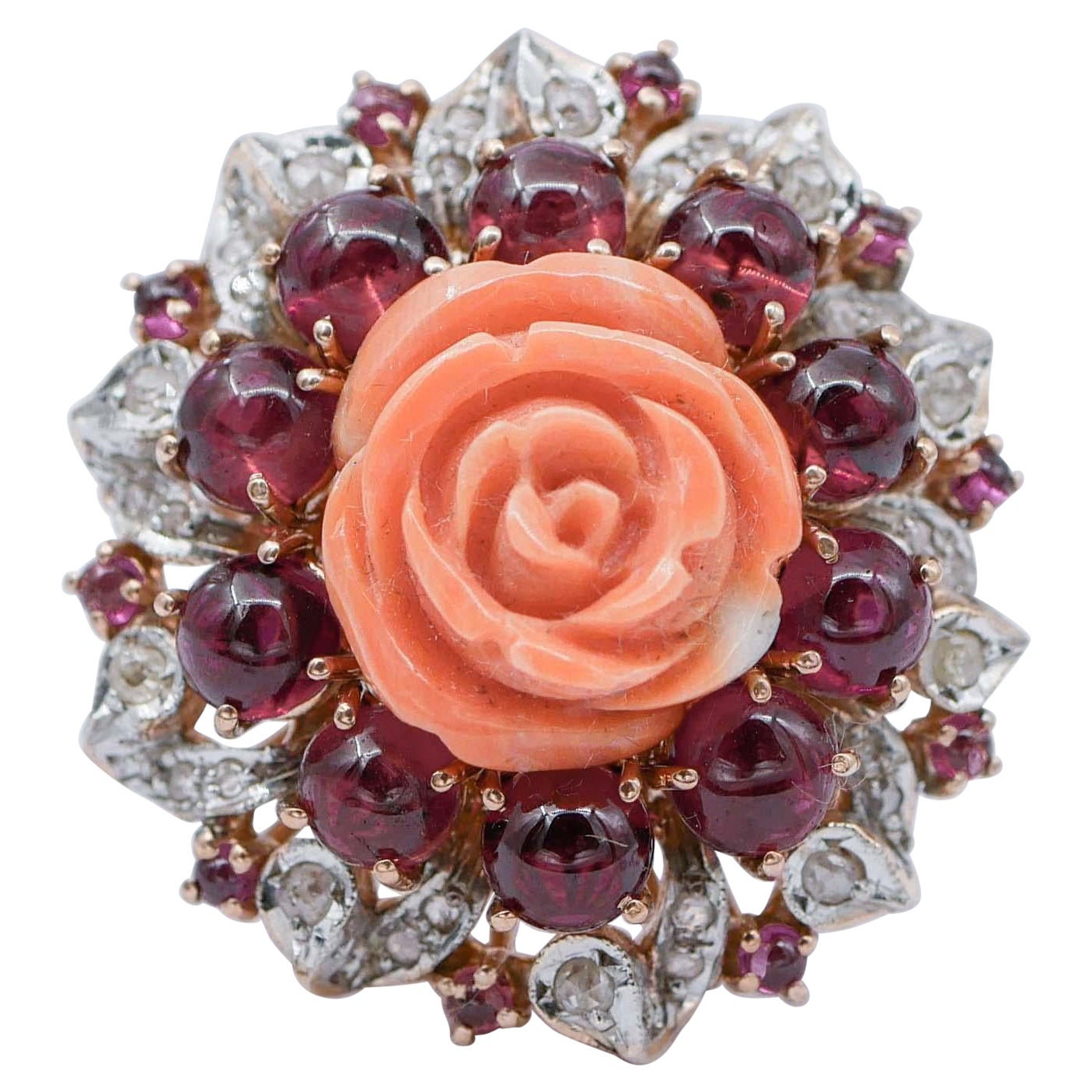 Coral, Garnets, Diamonds, Rose Gold and Silver Retrò Ring. For Sale