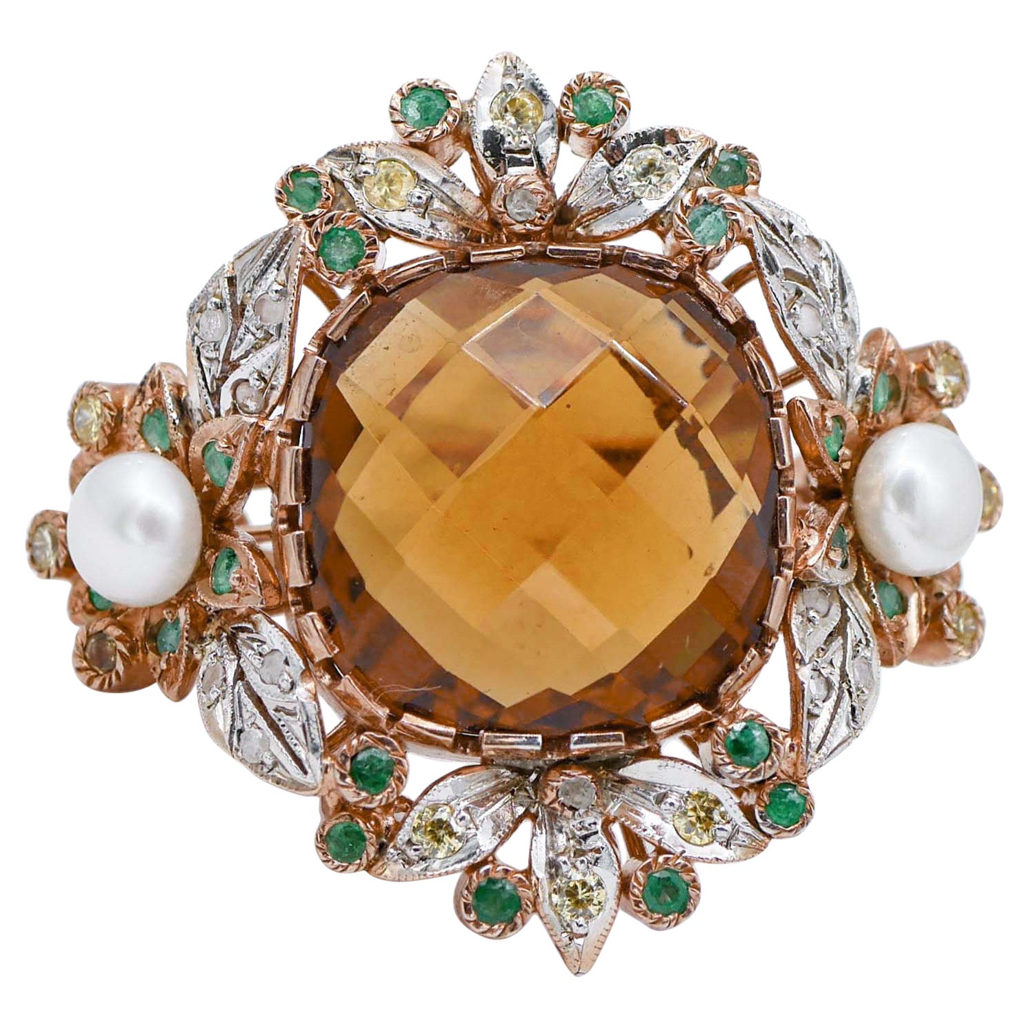Topaz, Emeralds, Diamonds, Pearls, Rose Gold and Silver Retrò Ring For Sale
