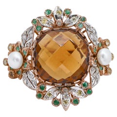 Vintage Topaz, Emeralds, Diamonds, Pearls, Rose Gold and Silver Retrò Ring