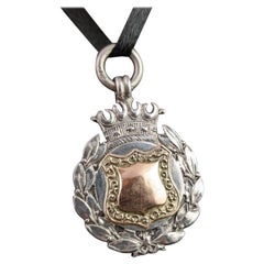 Antique Art Deco Silver and Rose Gold Fob Pendant, Wreath and Crown
