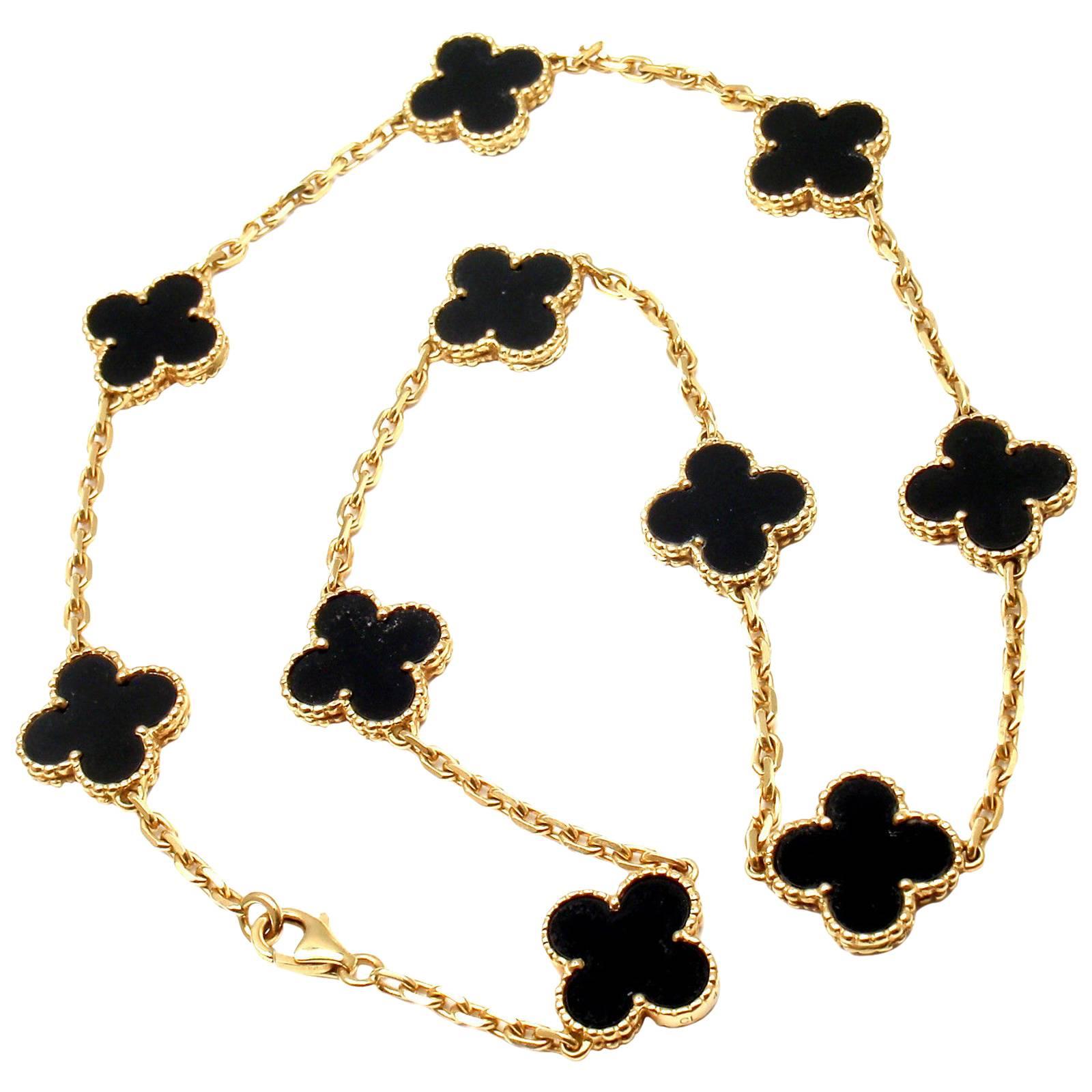 Van Cleef & Arpels Vintage Alhambra Onyx Gold 10 Motif Necklace