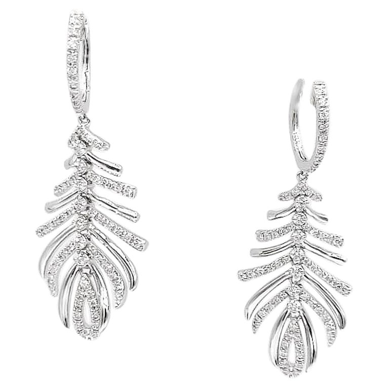 Flexible Chandelier Feather Diamond Drop Earrings in 18K White Gold For Sale