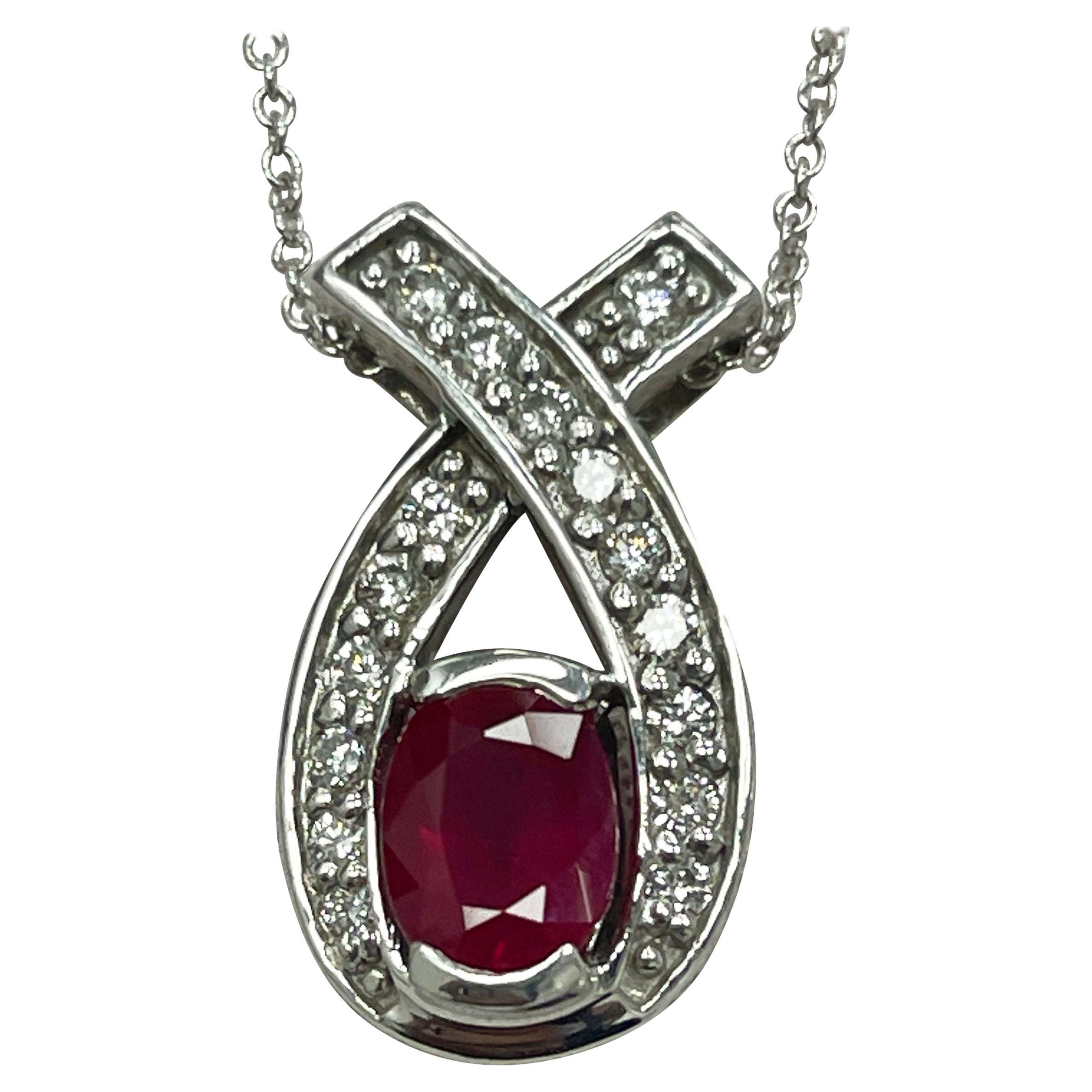 Oval Ruby and Diamond White Gold Pendant For Sale