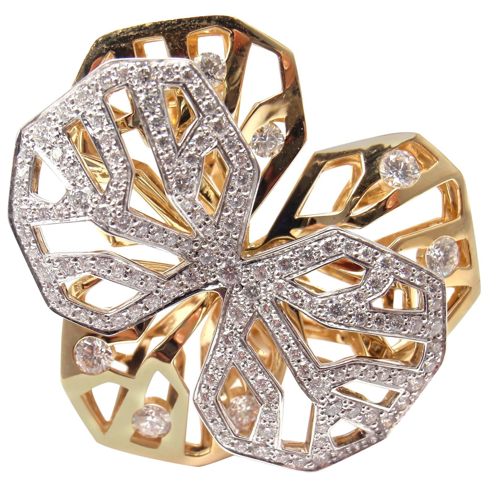 Cartier Caresse D'Orchidees Diamond Two Color Gold Flower Ring