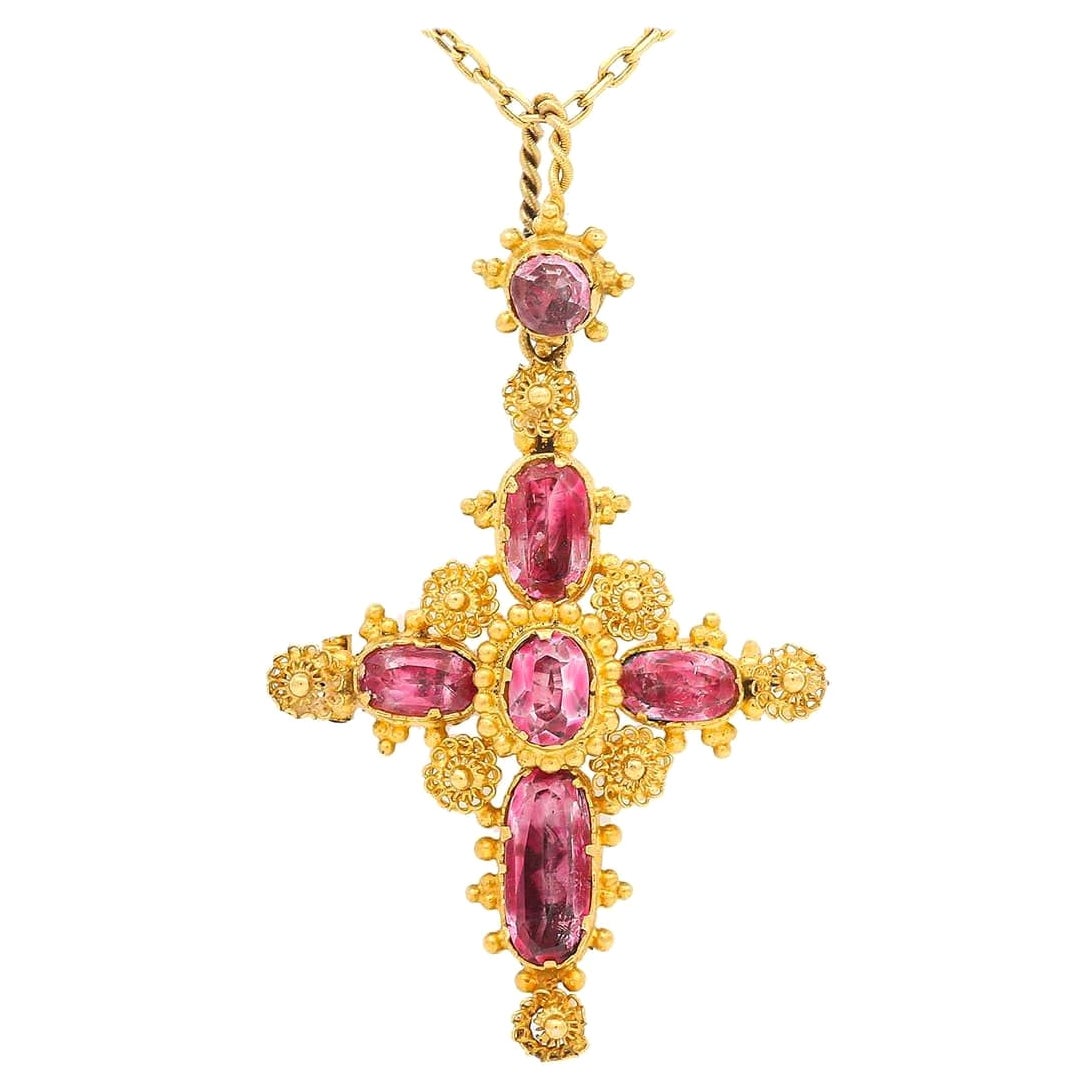 Georgian Pink Topaz Canetille Cross Pendant Brooch, in Original Case, Circa 1830