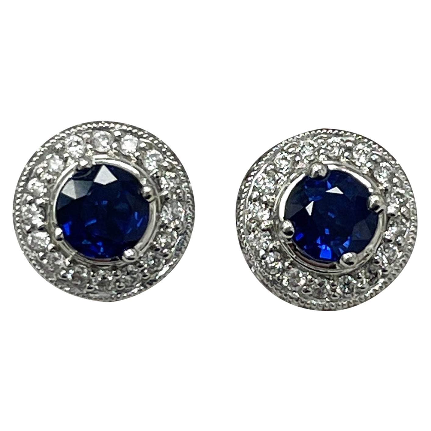 Royal Blue Sapphire Studs in White Gold with Diamonds For Sale