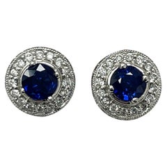 Royal Blue Sapphire Studs in White Gold with Diamonds
