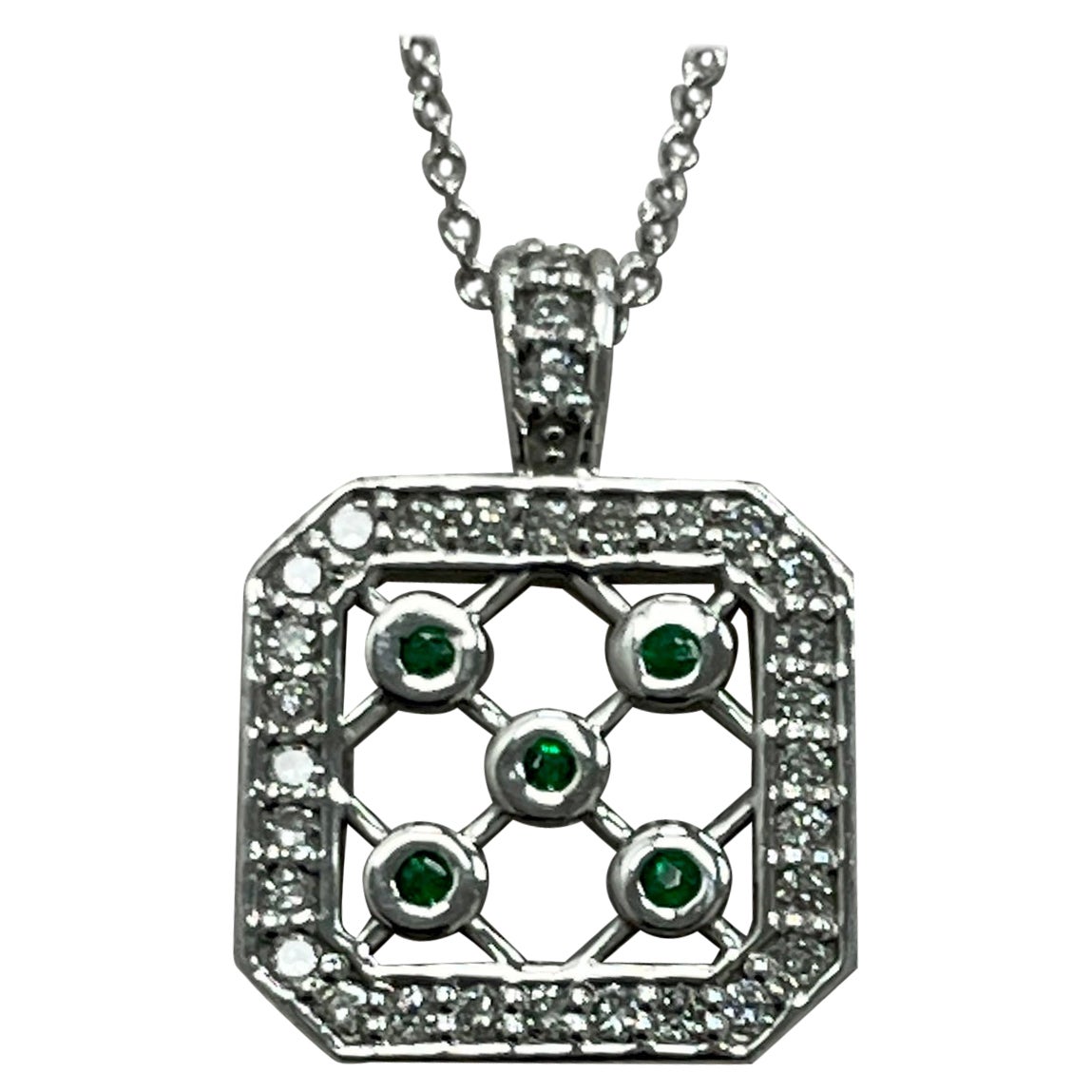 Emerald and Diamond White Gold Pendant For Sale