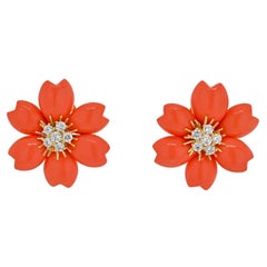 Van Cleef & Arpels Diamond Coral Yellow Gold Rose De Noël Earrings