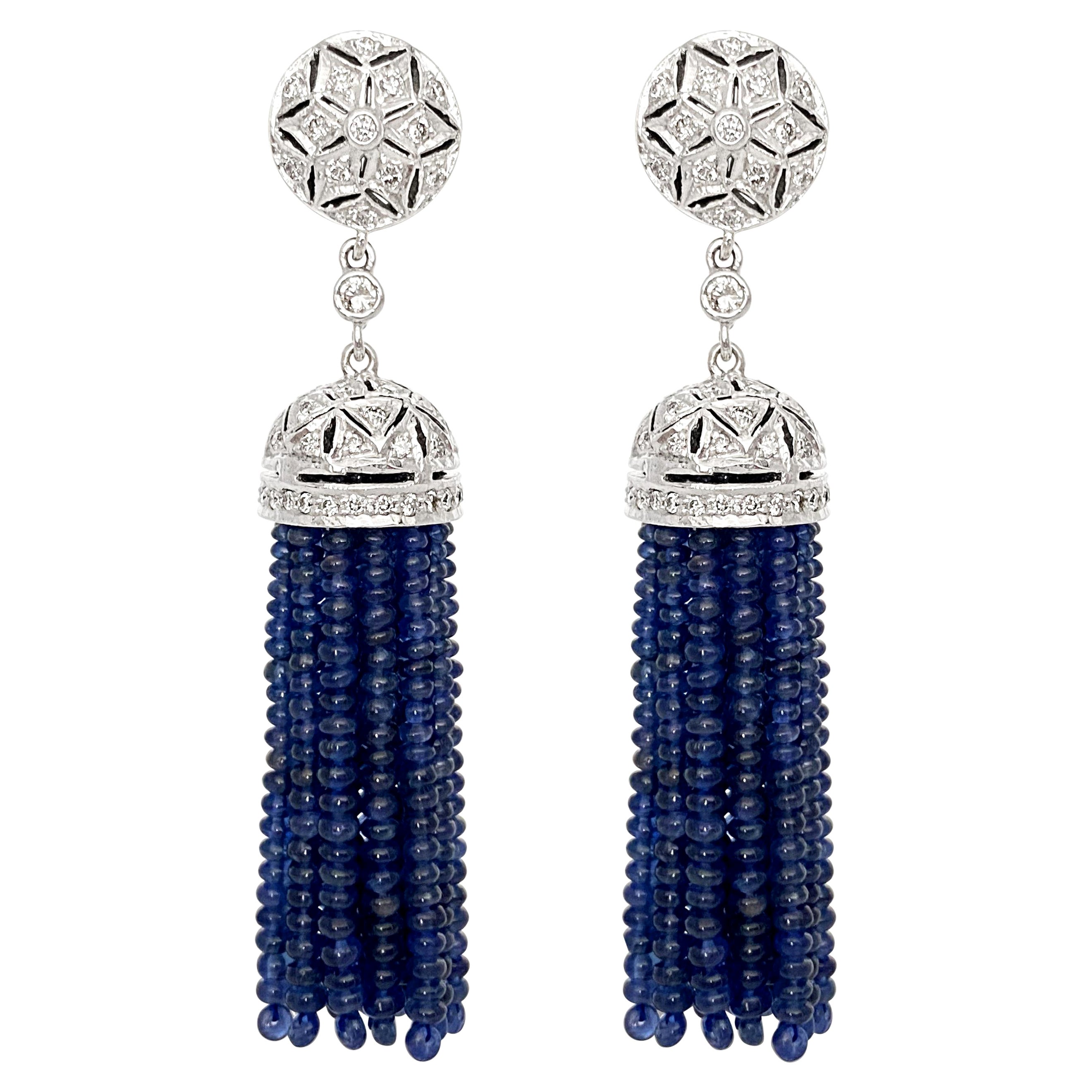 Diamond and Blue Sapphire Drop Earring in 18 Karat White Gold For Sale
