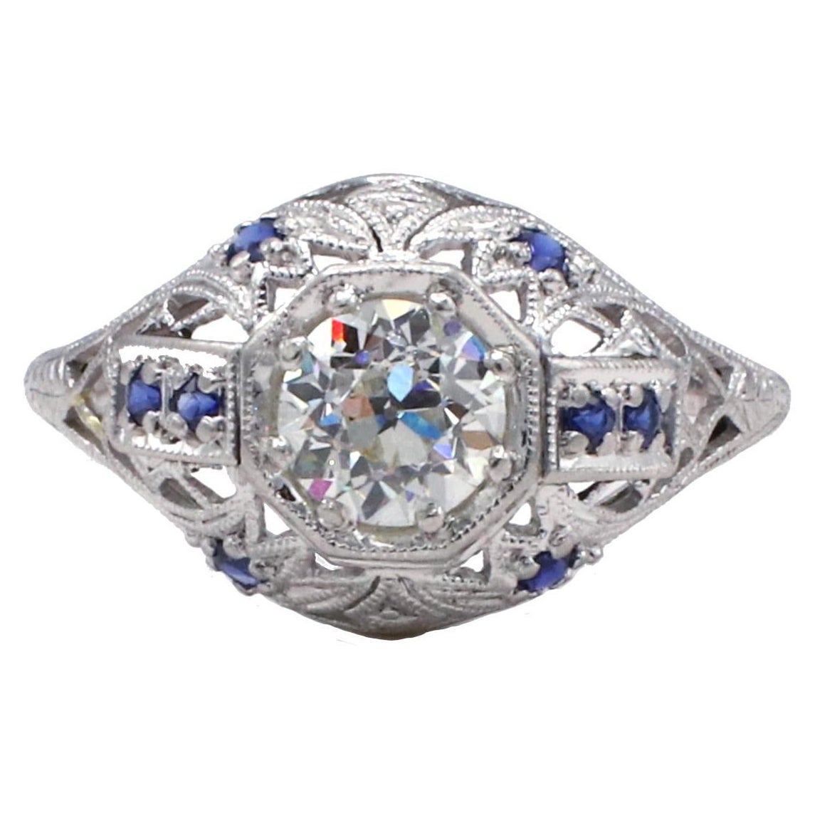 Art Deco Platinum .81 Carat Old European Cut Diamond & Sapphire Engagement Ring 