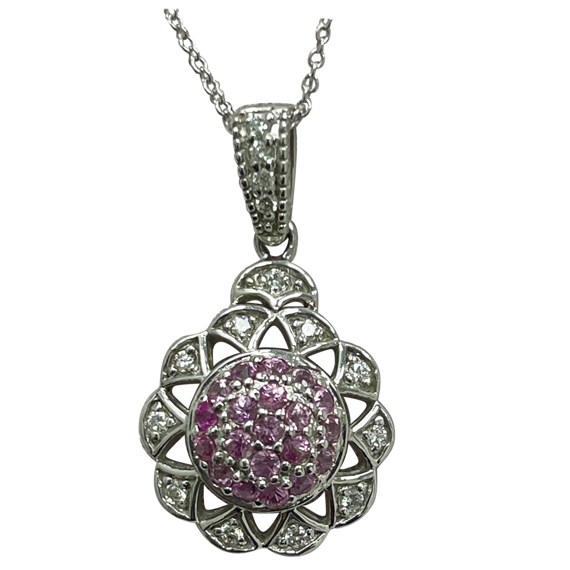 Pink Sapphire and Diamond White Gold Pendant For Sale