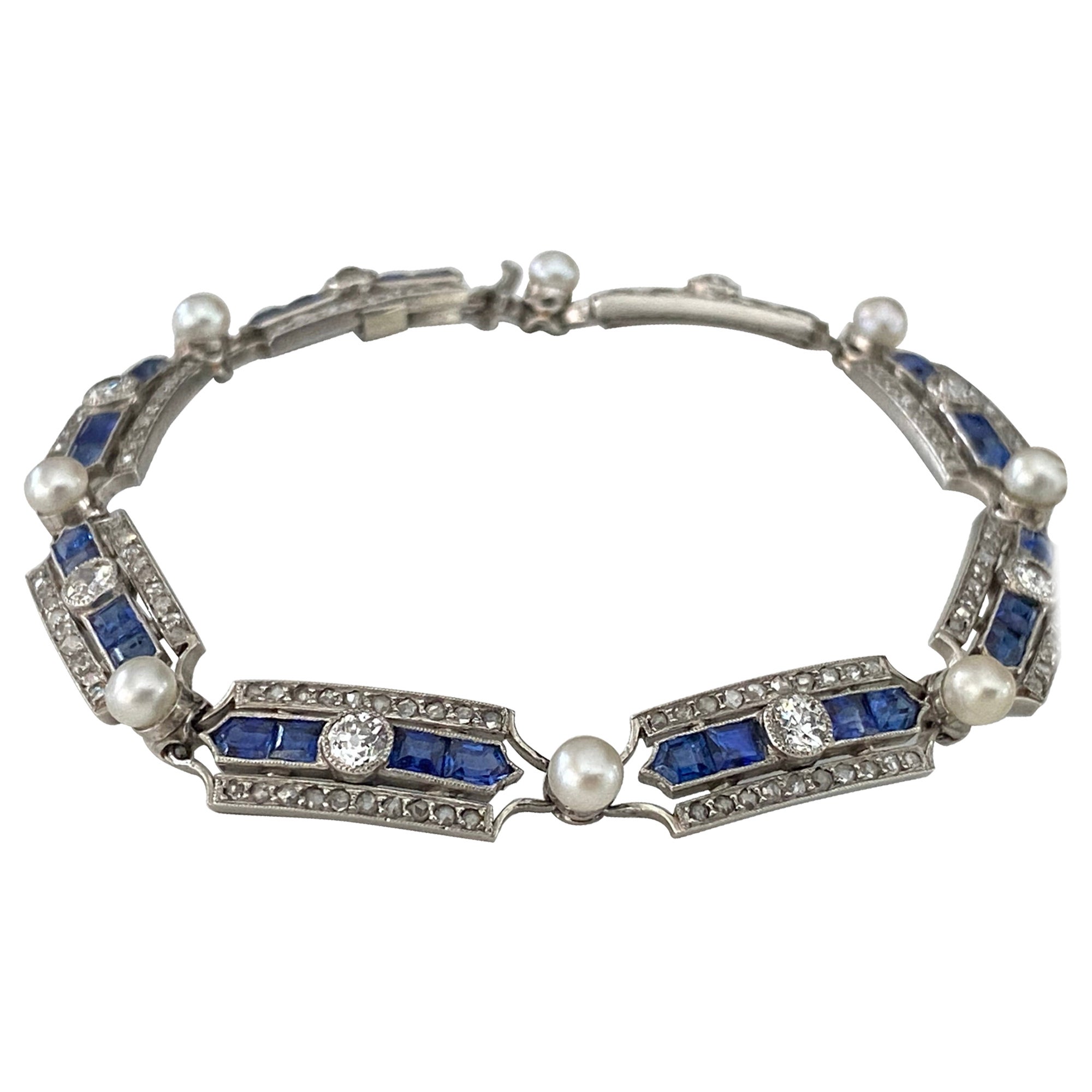 Antique French Belle Epoque Diamond Sapphire and Pearl Bracelet For Sale