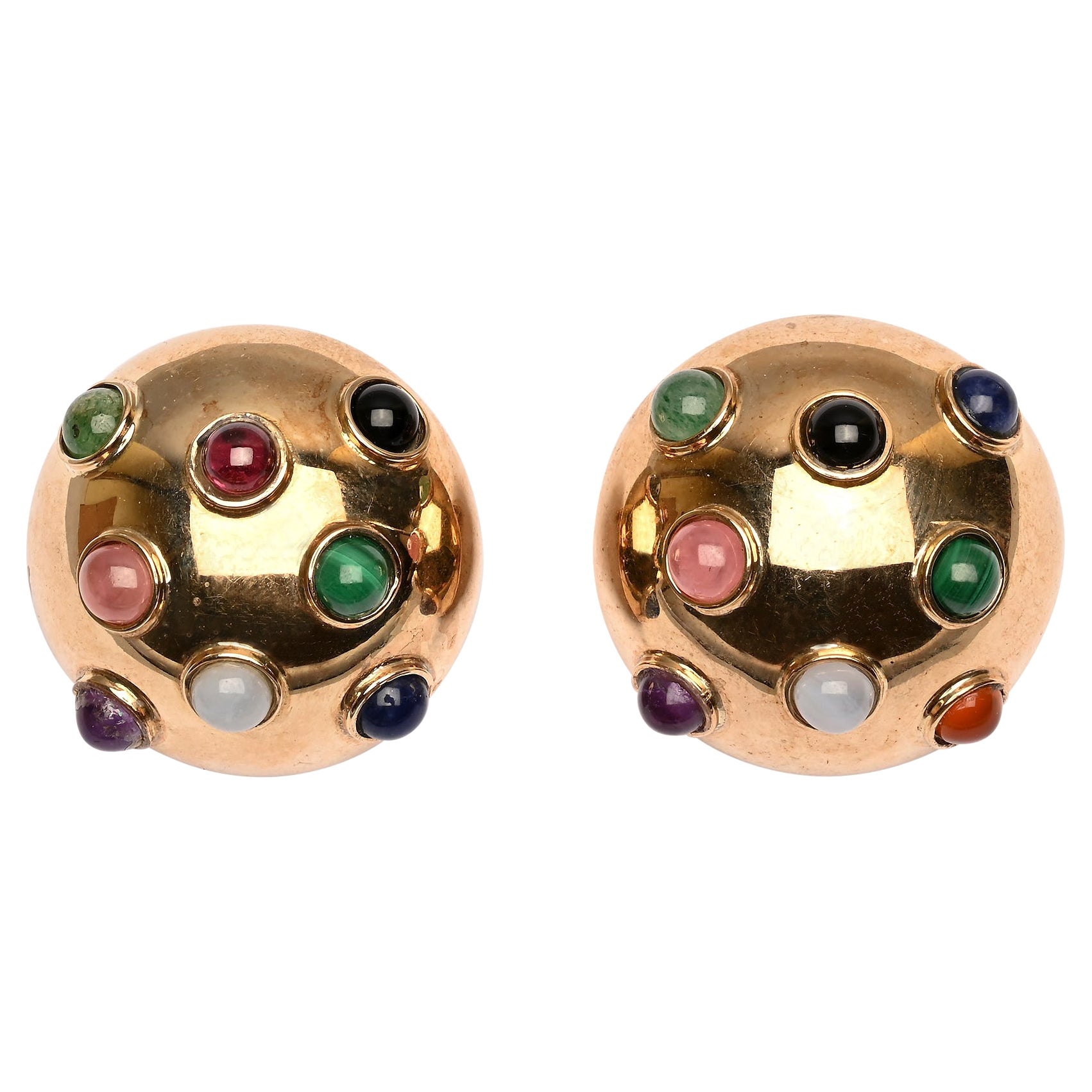 Large Gold Dome Earrings with Variety of Gems For Sale