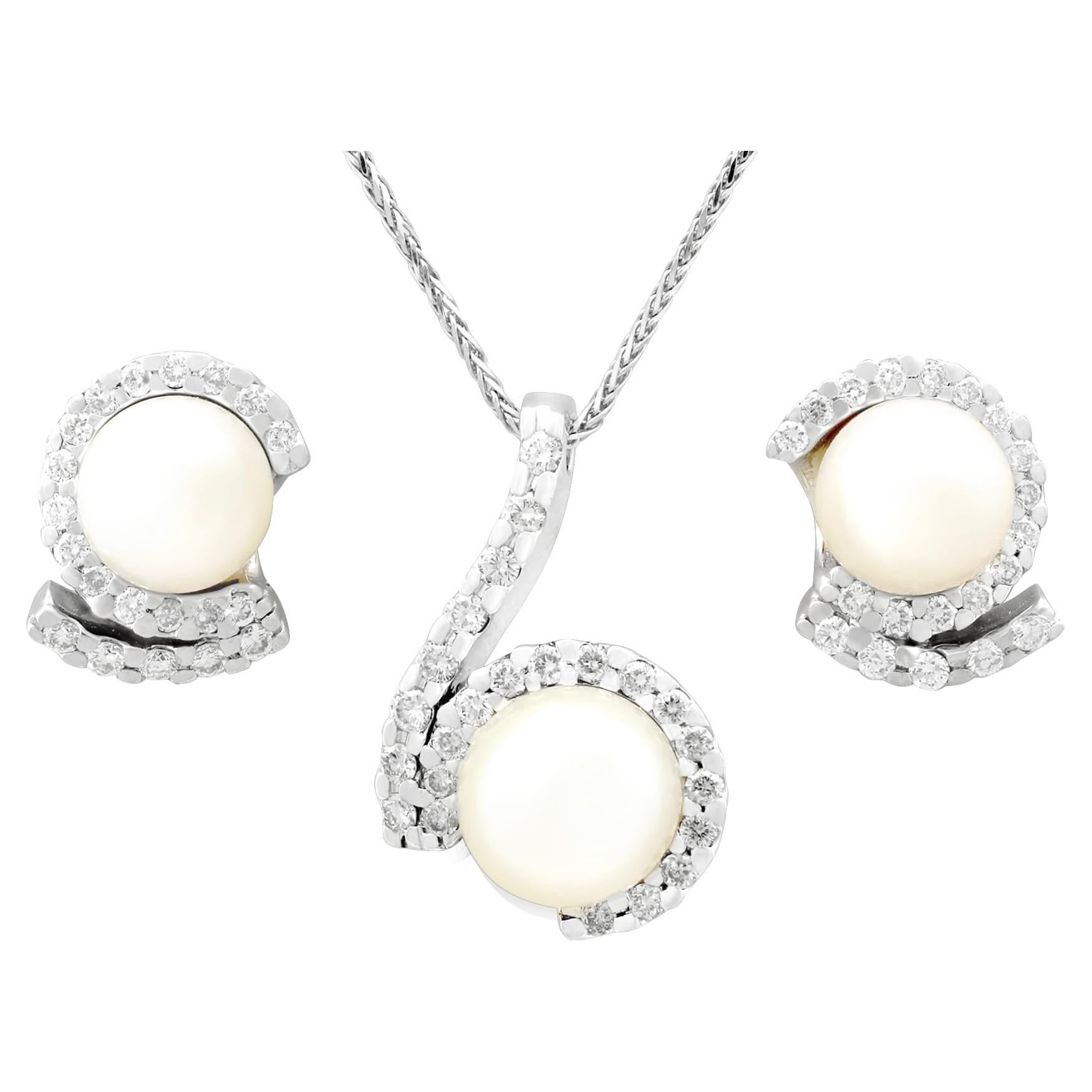 Vintage 1950s 1.27 Carat Diamond Pearl White Gold Earring and Necklace Set For Sale