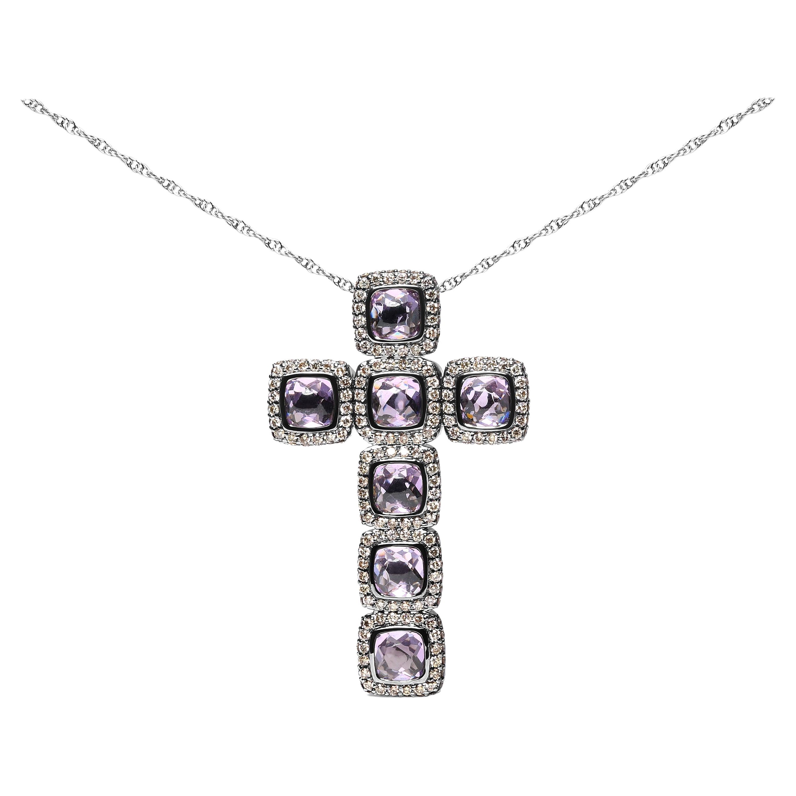 Black Rhodium Over 18K Rose Gold 1.5ct Brown Diamond & Amethyst Pendant Necklace For Sale