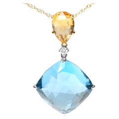 18K White Gold Diamond & Lemon Quartz & Blue Topaz Gemstone Pendant Necklace
