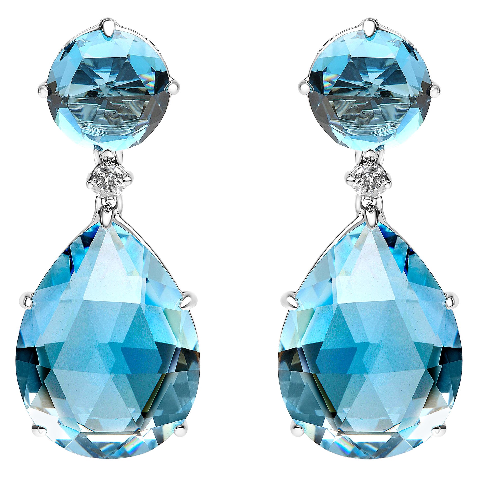 18K White Gold 1/5 Carat Diamond with Round and Pear Blue Topaz Dangle Earrings For Sale