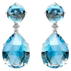 18K White Gold 1/5 Carat Diamond with Round and Pear Blue Topaz Dangle Earrings