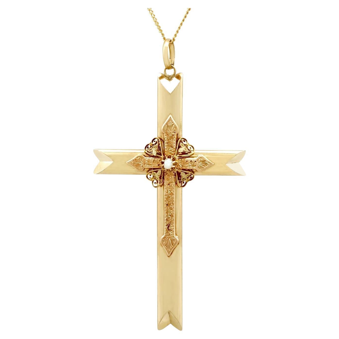 Antique Victorian Seed Pearl and 14ct Yellow Gold Cross Pendant