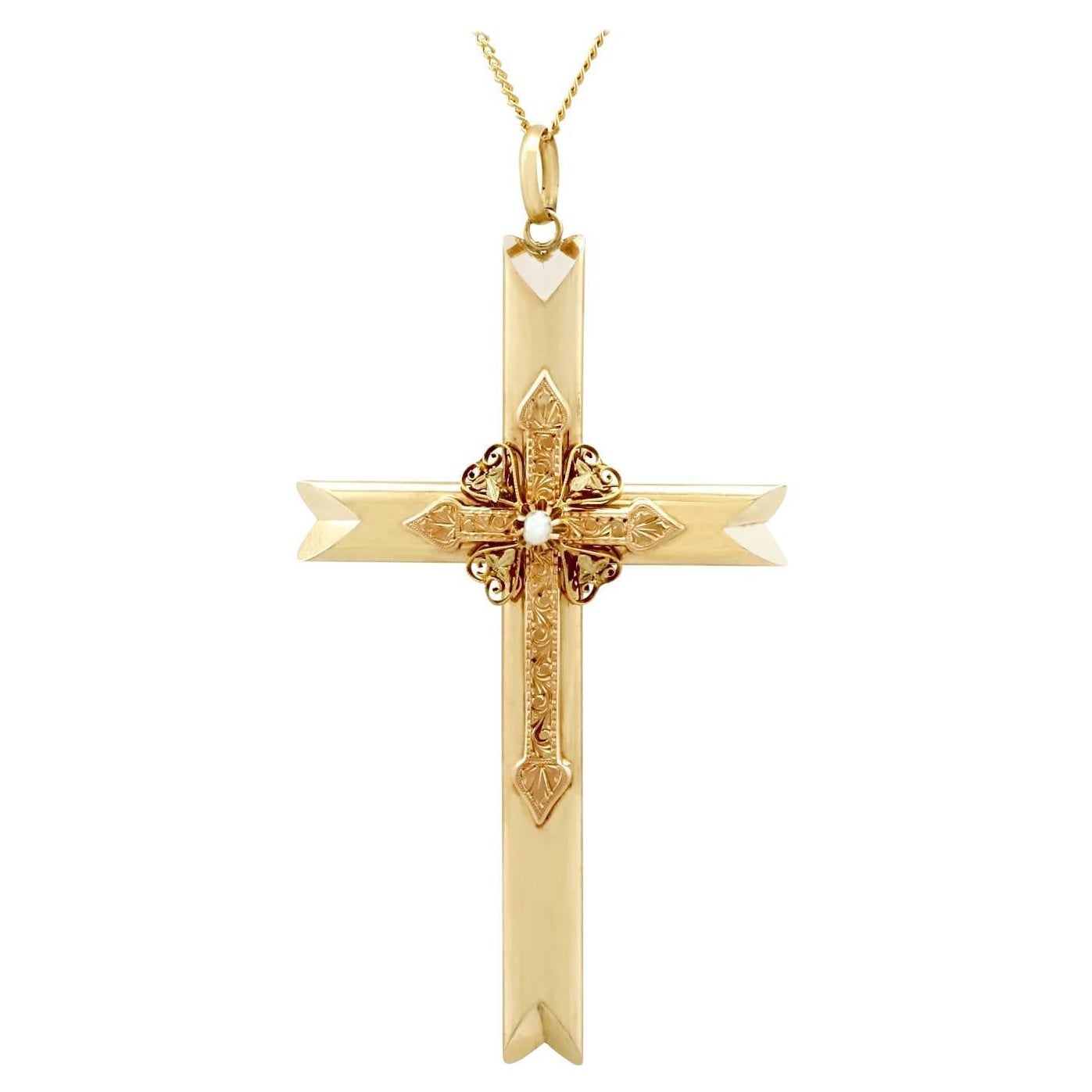 Antique Victorian Seed Pearl and 14ct Yellow Gold Cross Pendant
