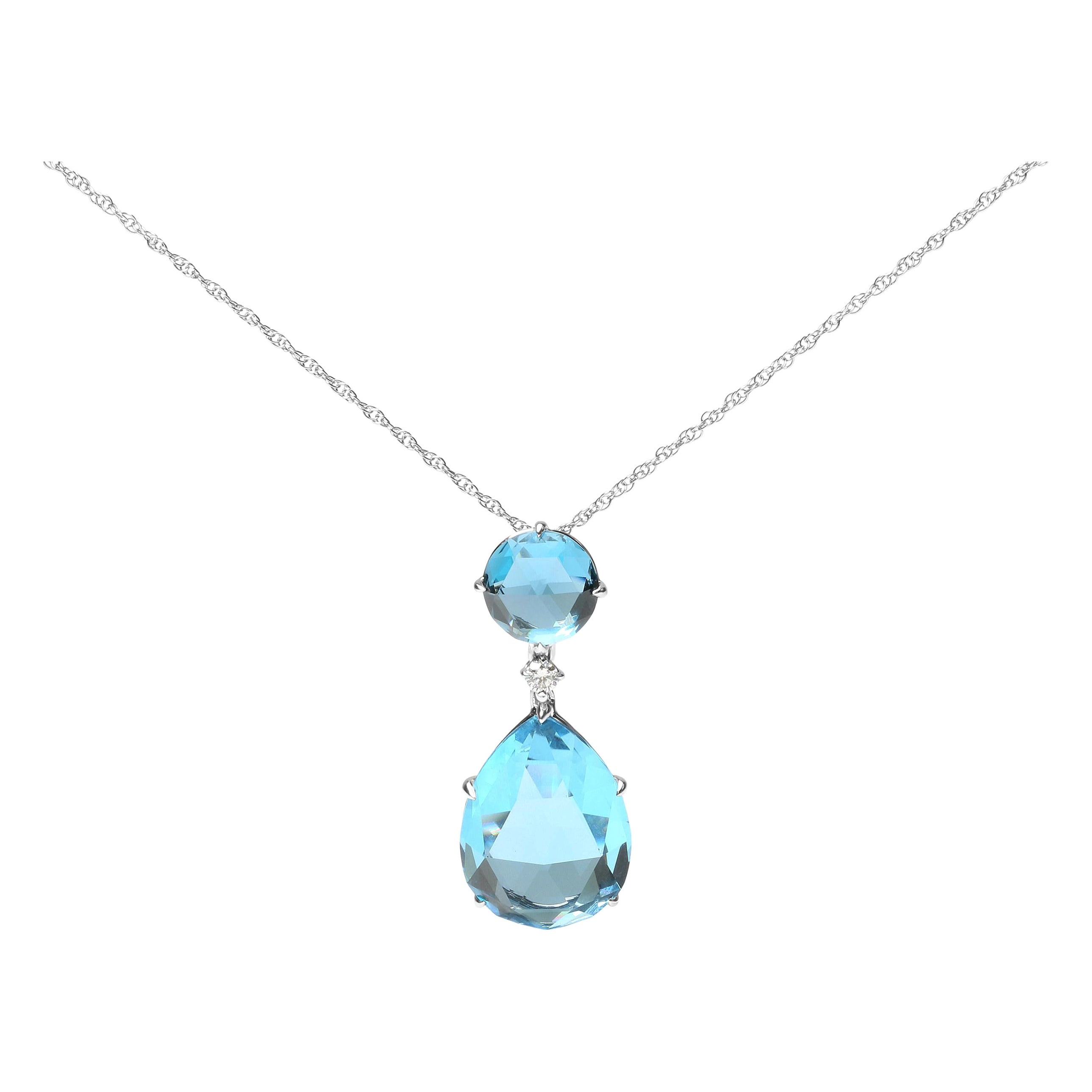 18K White Gold Diamond Accent & Blue Topaz & Sky Blue Topaz Pendant Necklace For Sale