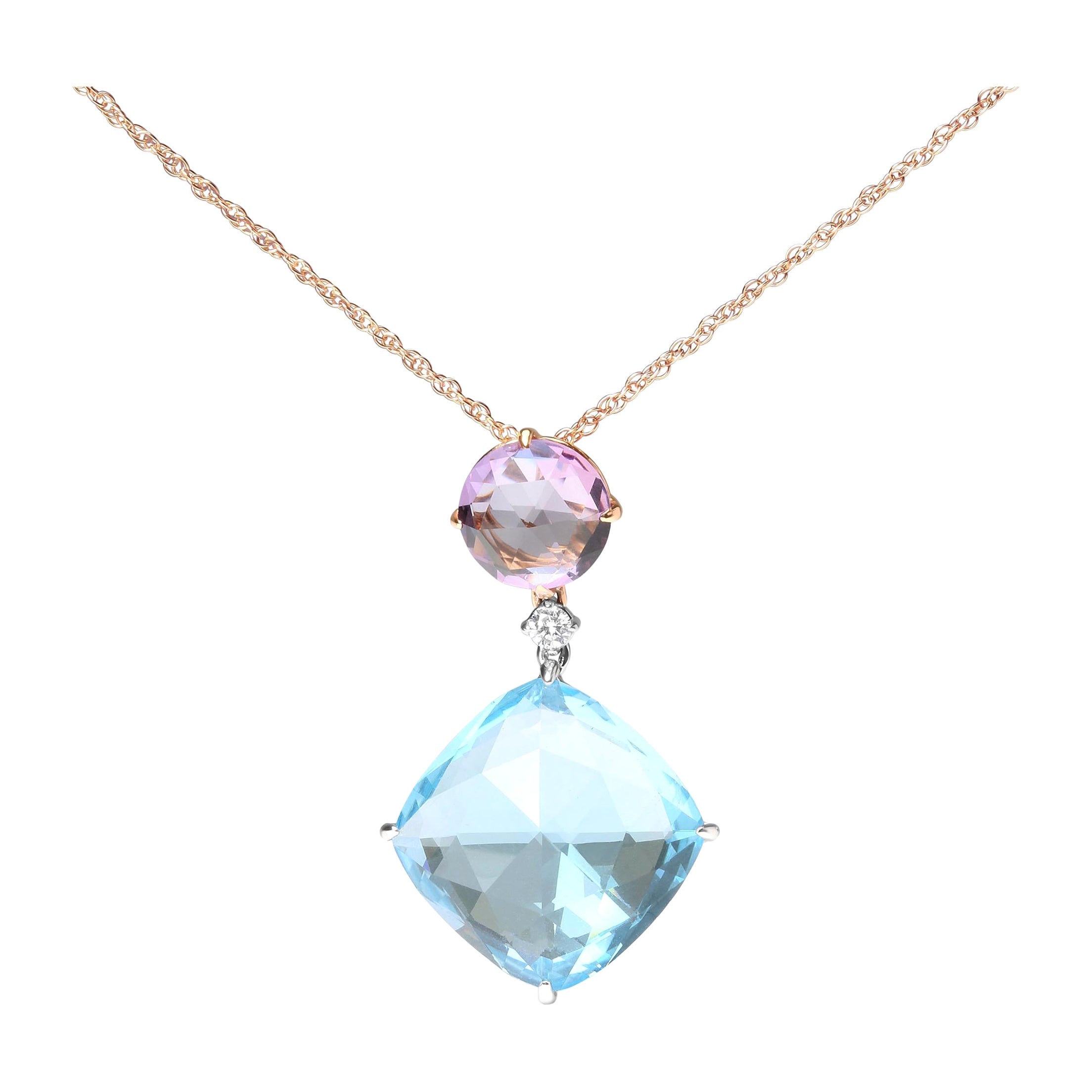 18K White and Rose Gold Diamond & Pink Amethyst & Blue Topaz Pendant Necklace For Sale