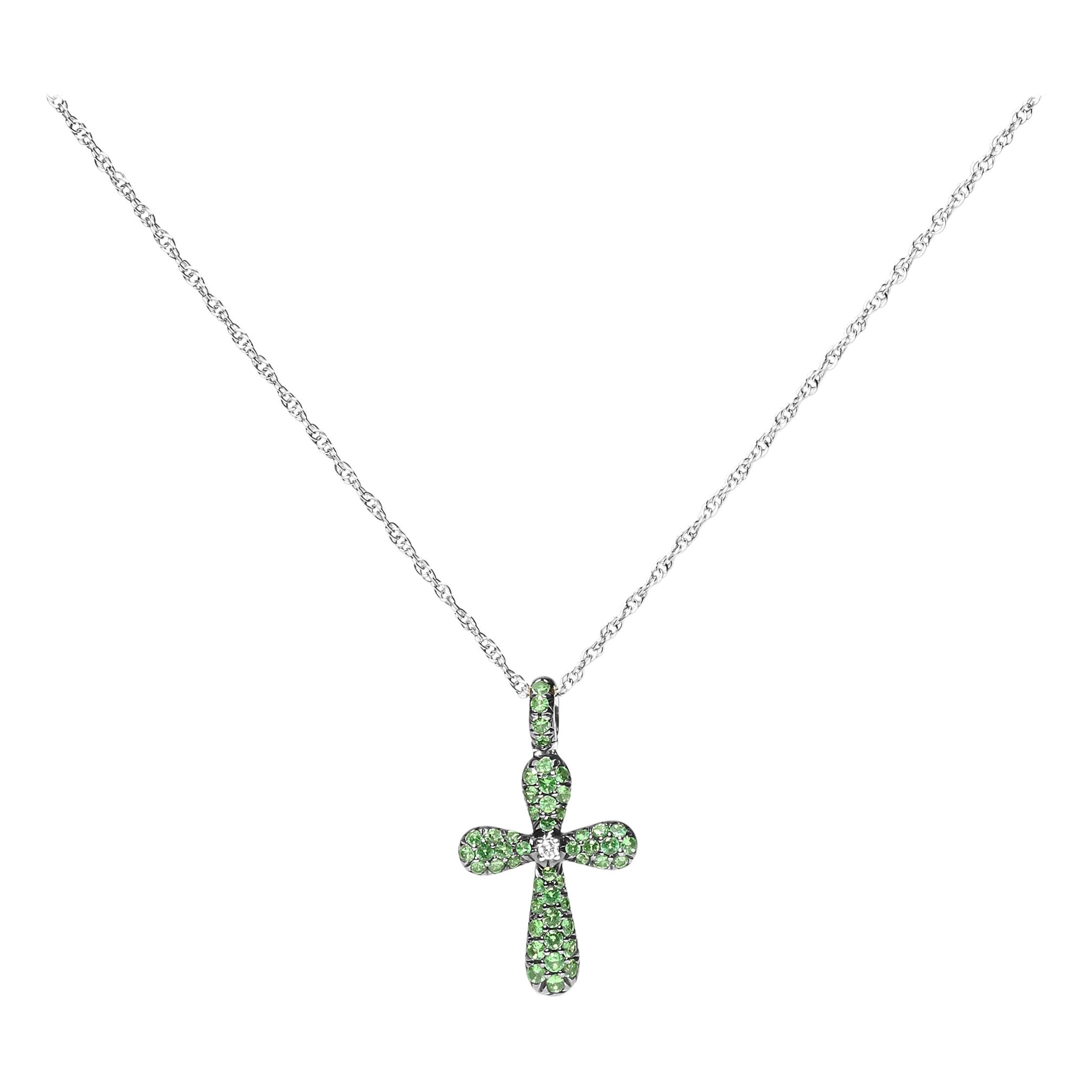 Black Rhodium Over 18K White Gold Diamond & Tsavorite Gemstone Pendant Necklace