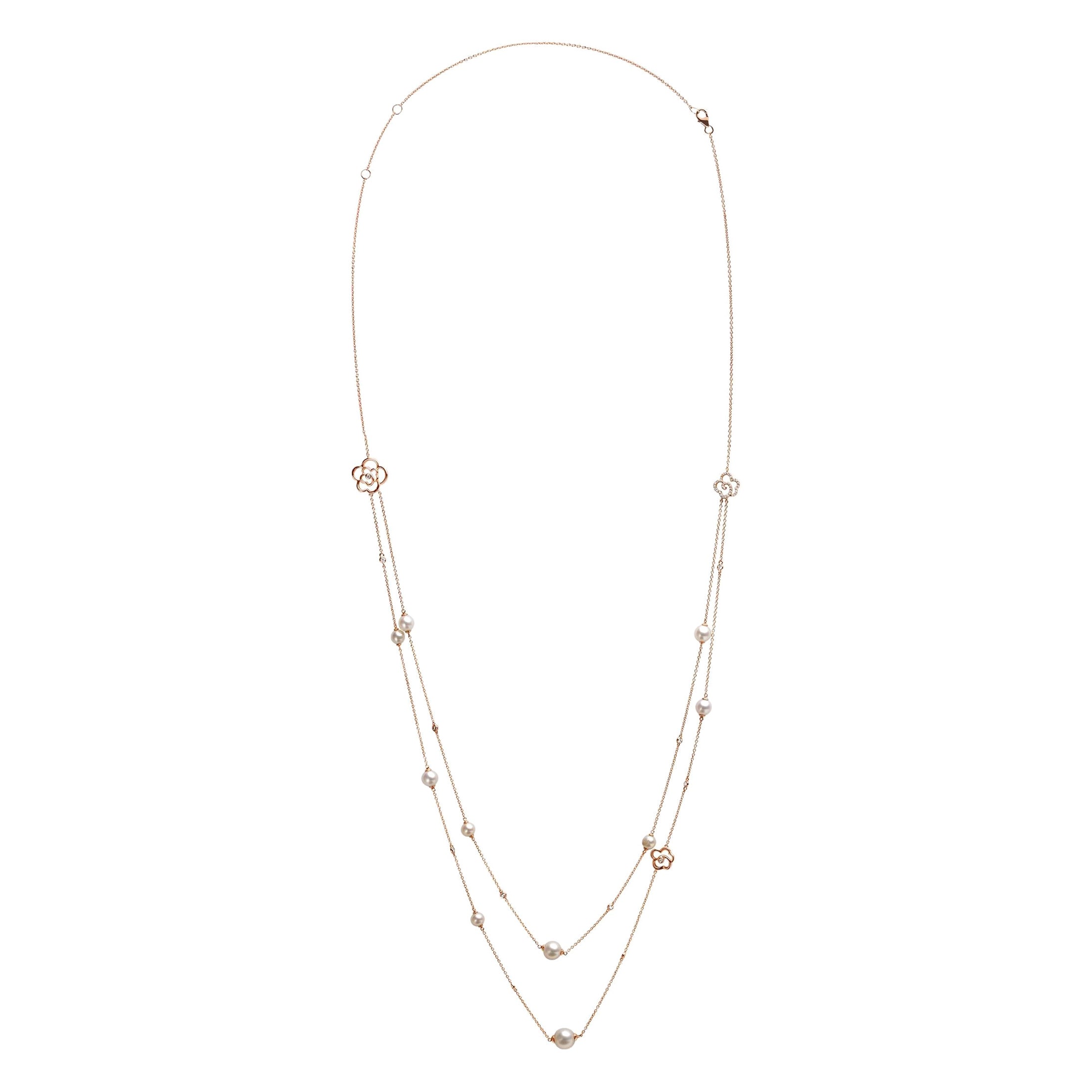 18K Rose Gold 1/2 Cttw Diamond & Freshwater Pearl Double Strand Station Necklace For Sale