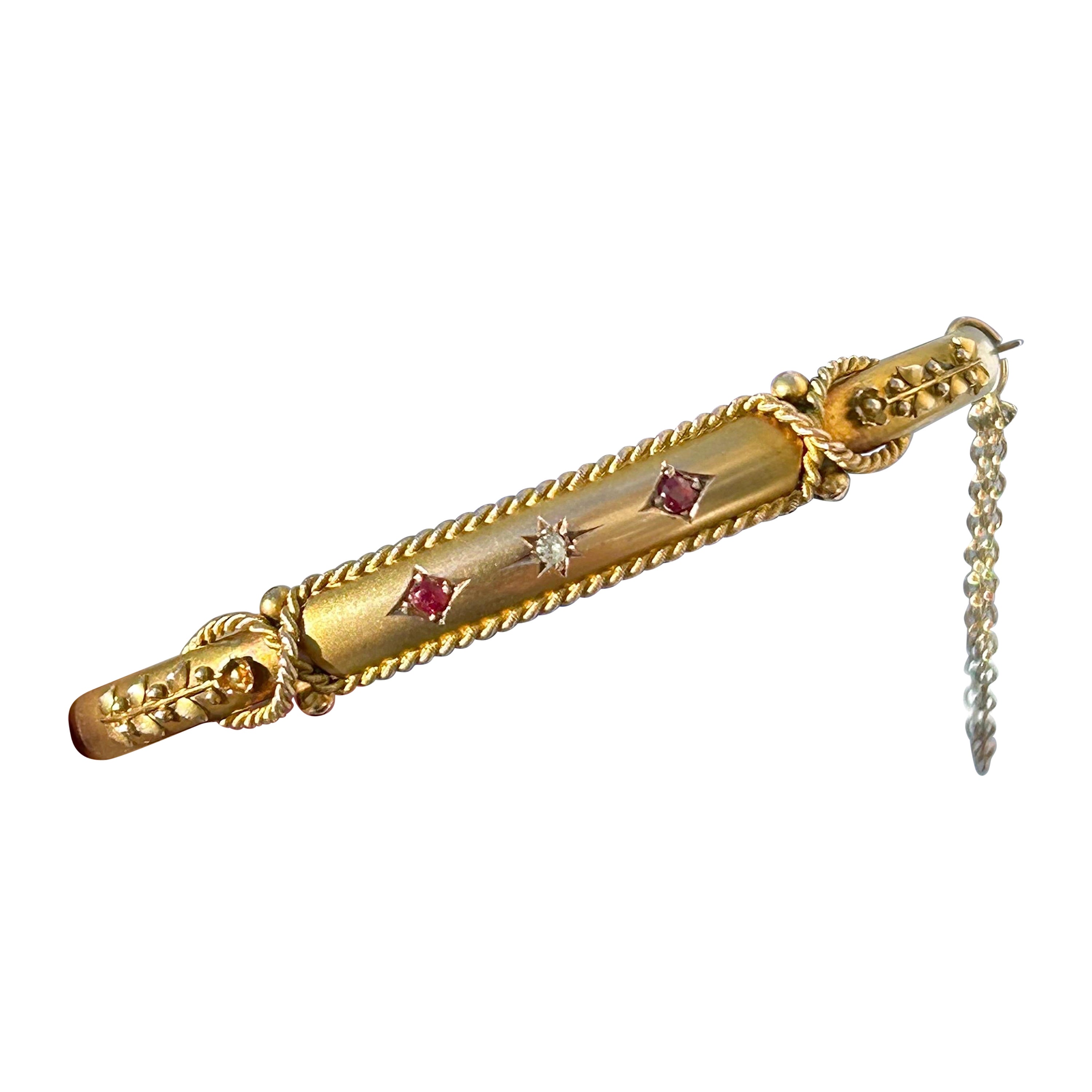 Bracelet jonc victorien ancien en or jaune 9 carats, rubis et diamants, dans sa boîte en vente