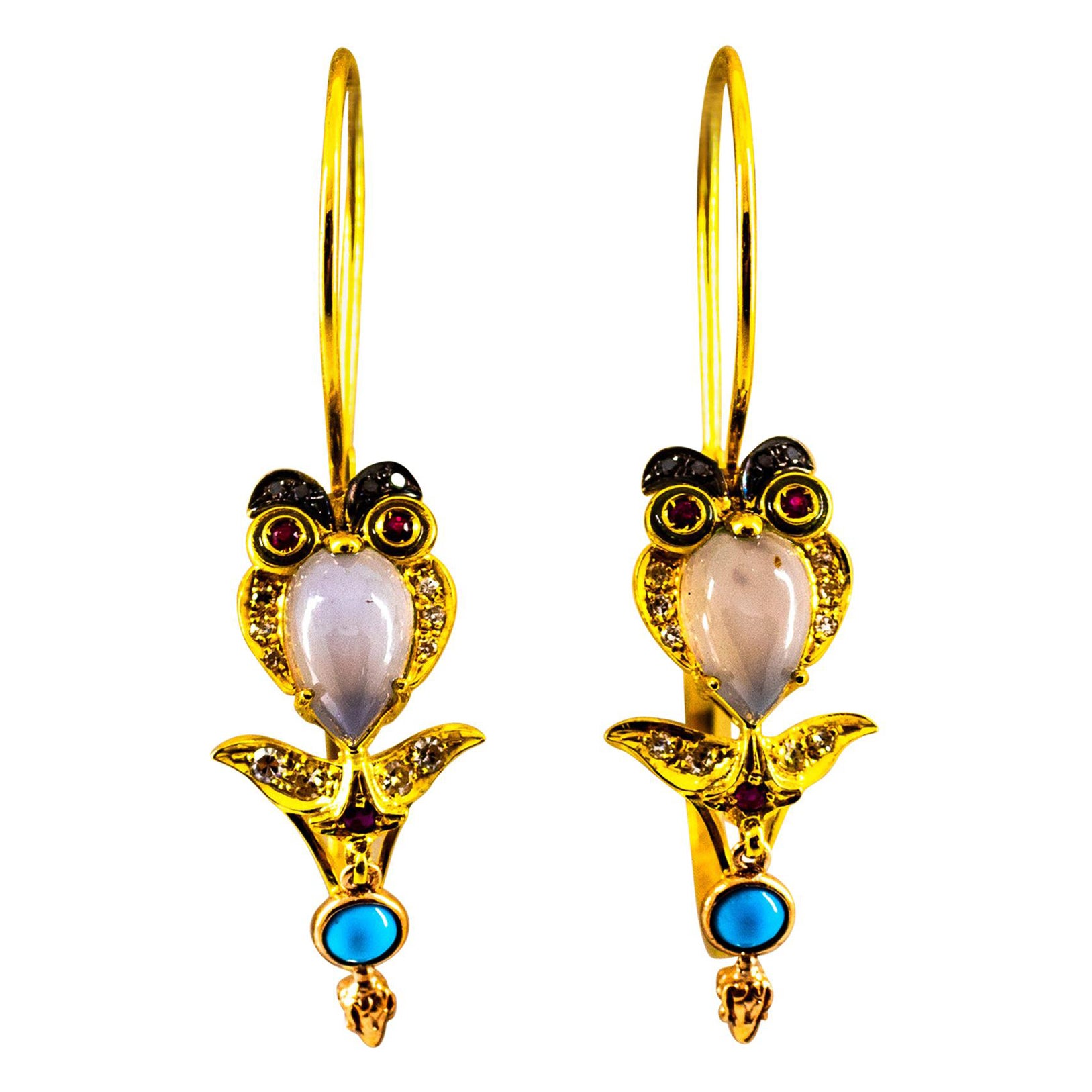 Diamond Ruby Chalcedony Enamel Turquoise Yellow Gold Lever-Back "Owl" Earrings For Sale