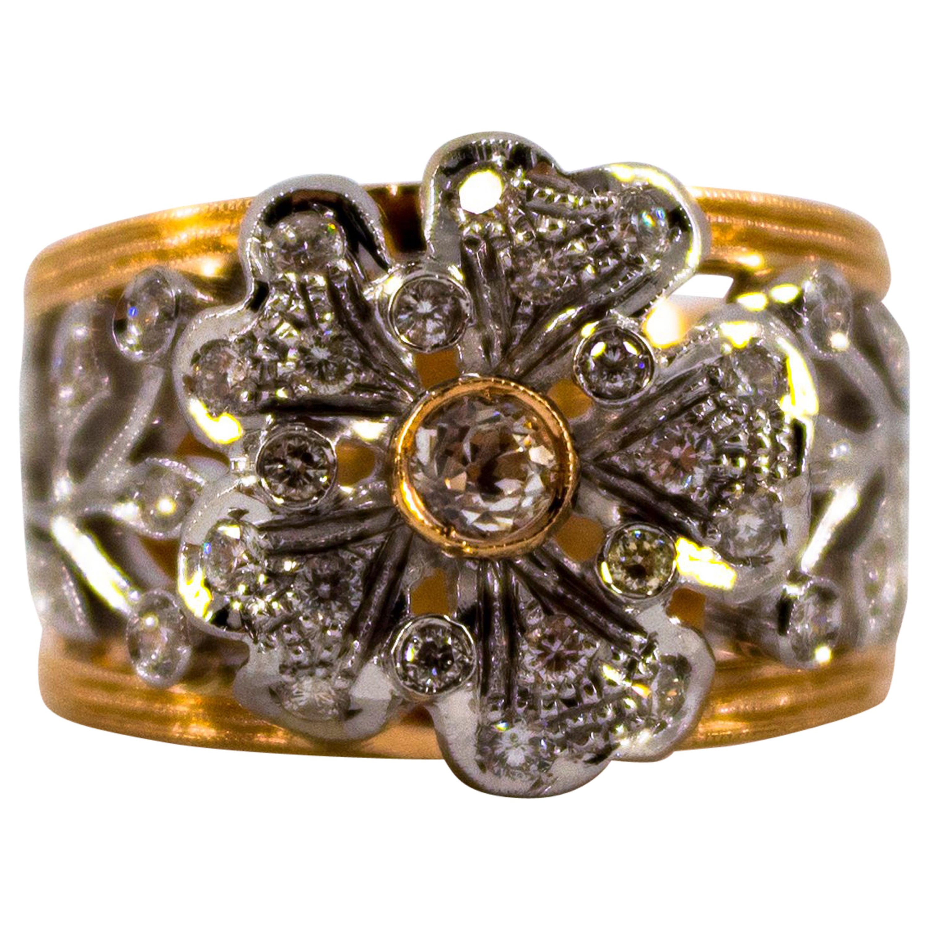 Art Nouveau Style 0.70 Carat White Diamond Yellow Gold Fashion "Flower" Ring For Sale