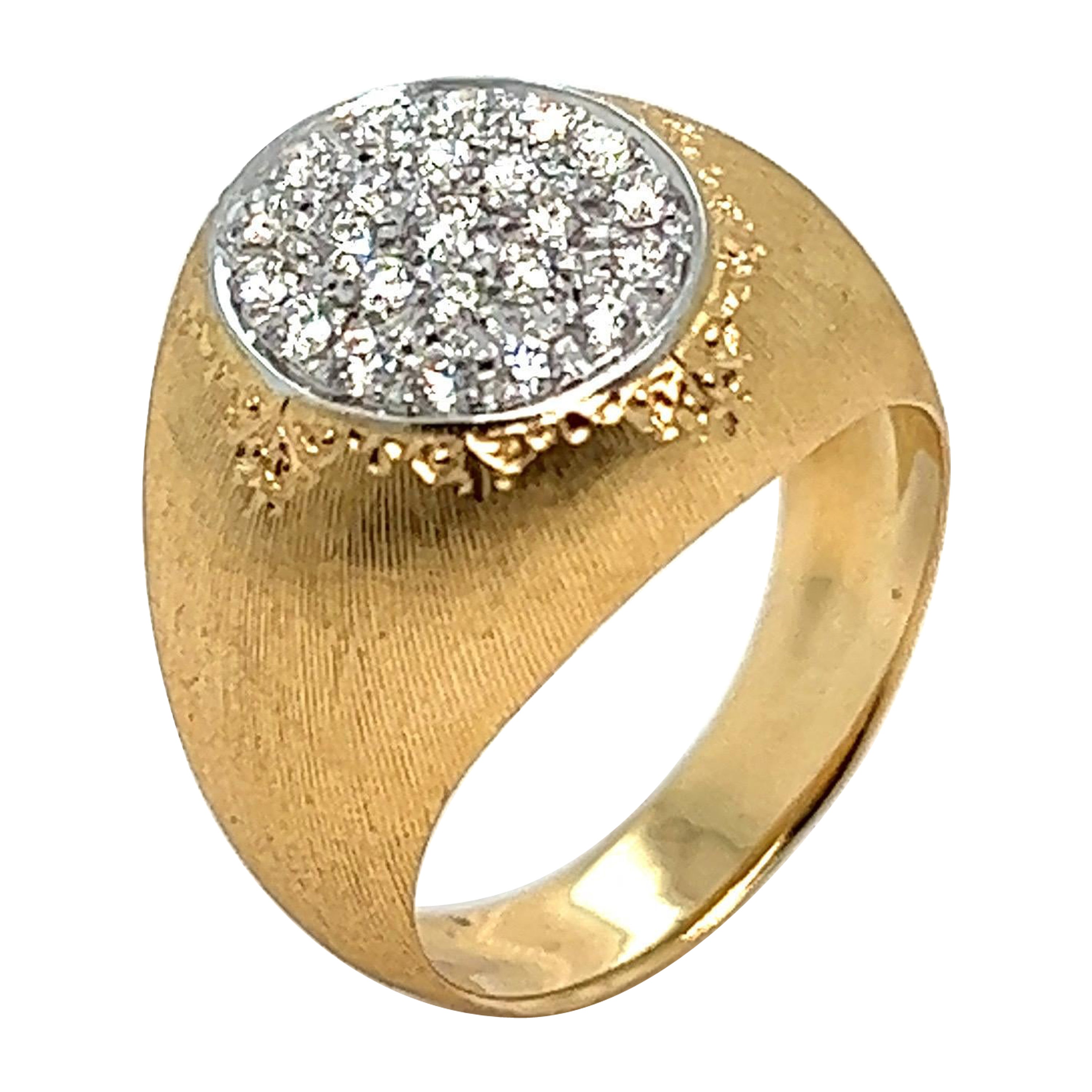French Signet Ring Brushed Lightly Chiseled Flowers Diamonds Pavement 