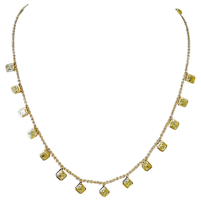 8.50 Carat Yellow Asscher Cut Diamonds Drop Necklace, 18K Gold For Sale