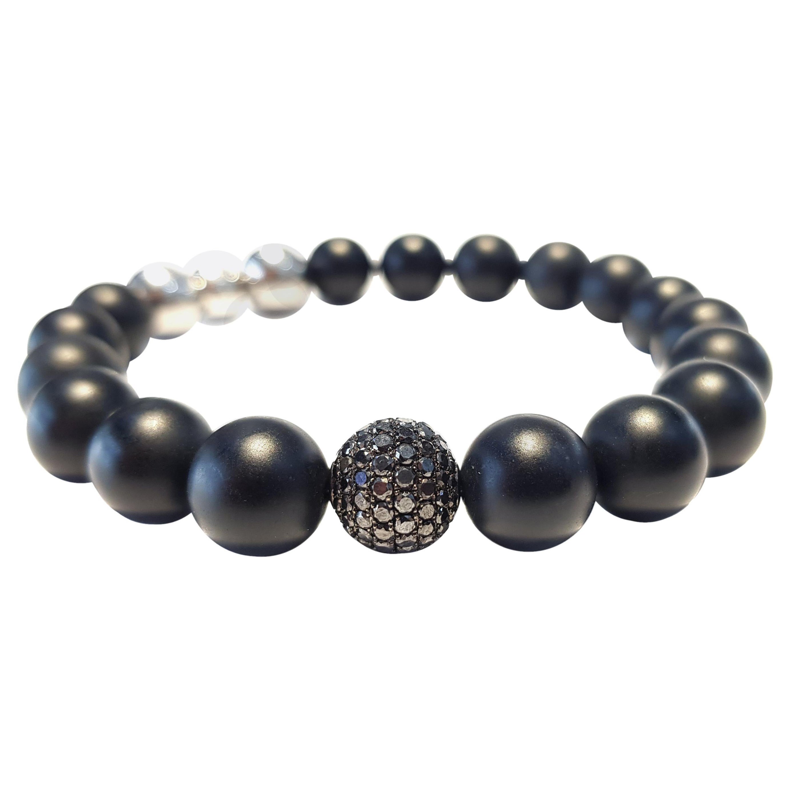 Tresor Bracelet de perles en agate et or 18 carats avec diamants noirs ronds de 1,50 carat pour hommes