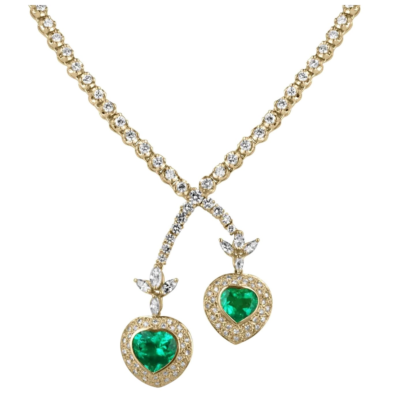 18.00tcw AAA+ Colombian Emerald Heart & Diamond Tennis Lariat Necklace 18K For Sale