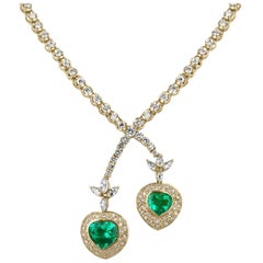 18.00tcw AAA+ Colombian Emerald Heart & Diamond Tennis Lariat Necklace 18K