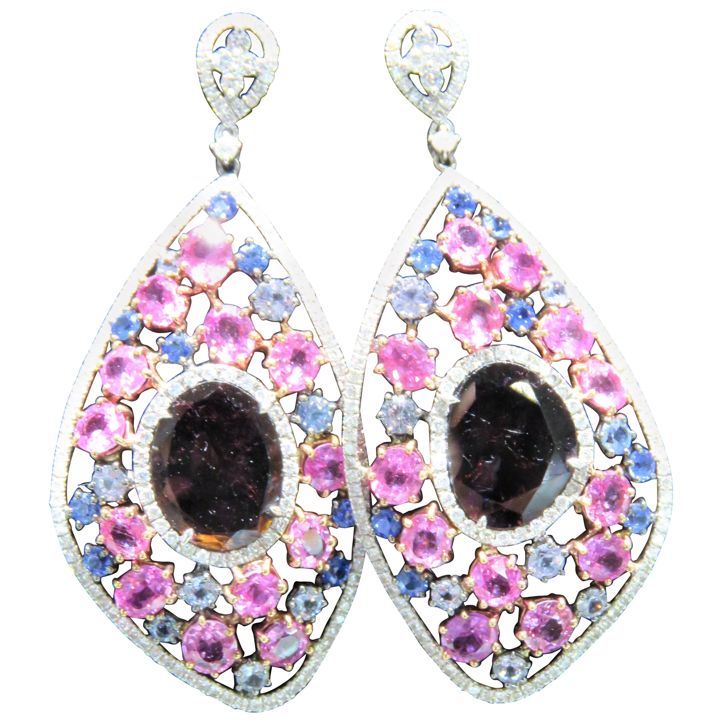NWT 26, 000 18KT Fancy Large Glittering Rare Tourmaline Diamond Sapphire Earrings