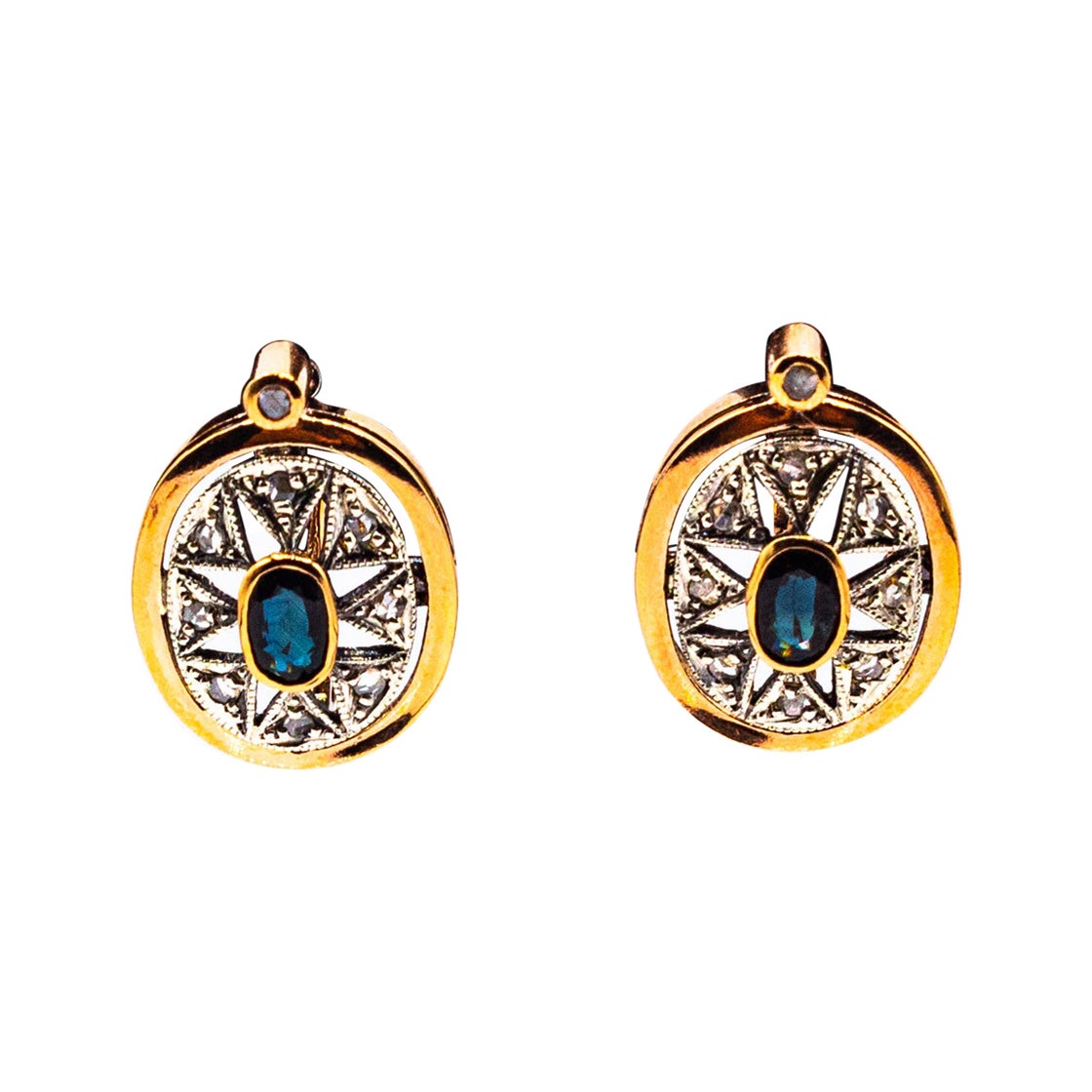 Art Deco Style White Rose Cut Diamond Blue Sapphire Yellow Gold Dangle Earrings For Sale