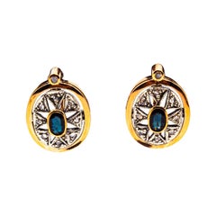Vintage Art Deco Style White Rose Cut Diamond Blue Sapphire Yellow Gold Dangle Earrings