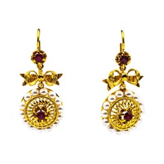 Art Deco Style Micro Pearls 0.70 Carat Ruby Yellow Gold Drop Stud Earrings