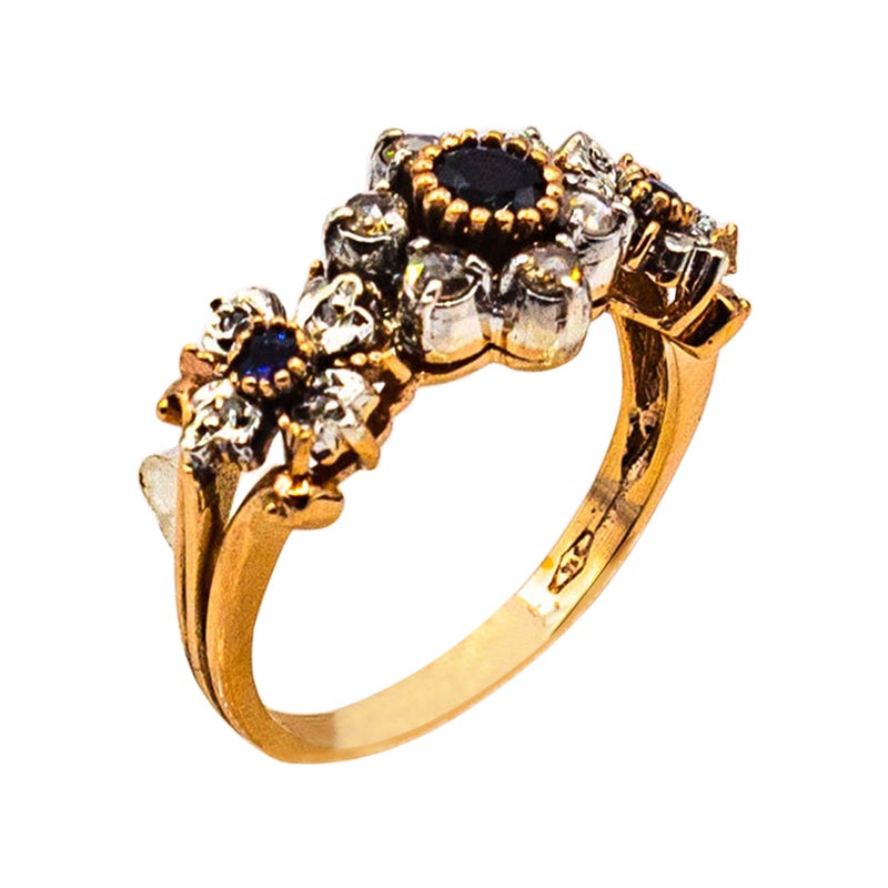Art Deco Stil 0,82 Karat Weißer Diamant Blauer Saphir Gelbgold Band Ring im Angebot