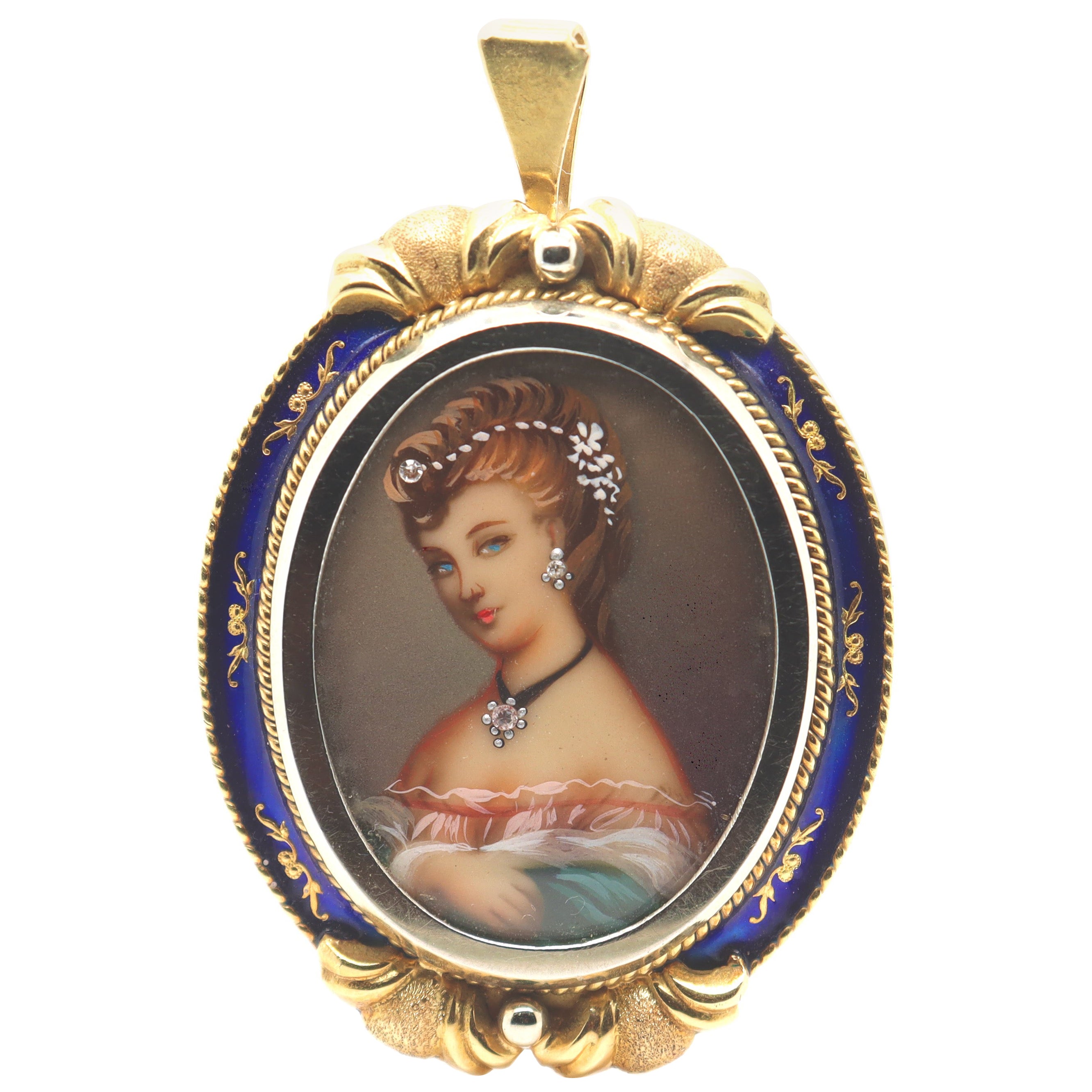 Vintage Corletto 18K Gold & Blue Enamel Portrait Miniature Brooch or Pendant For Sale