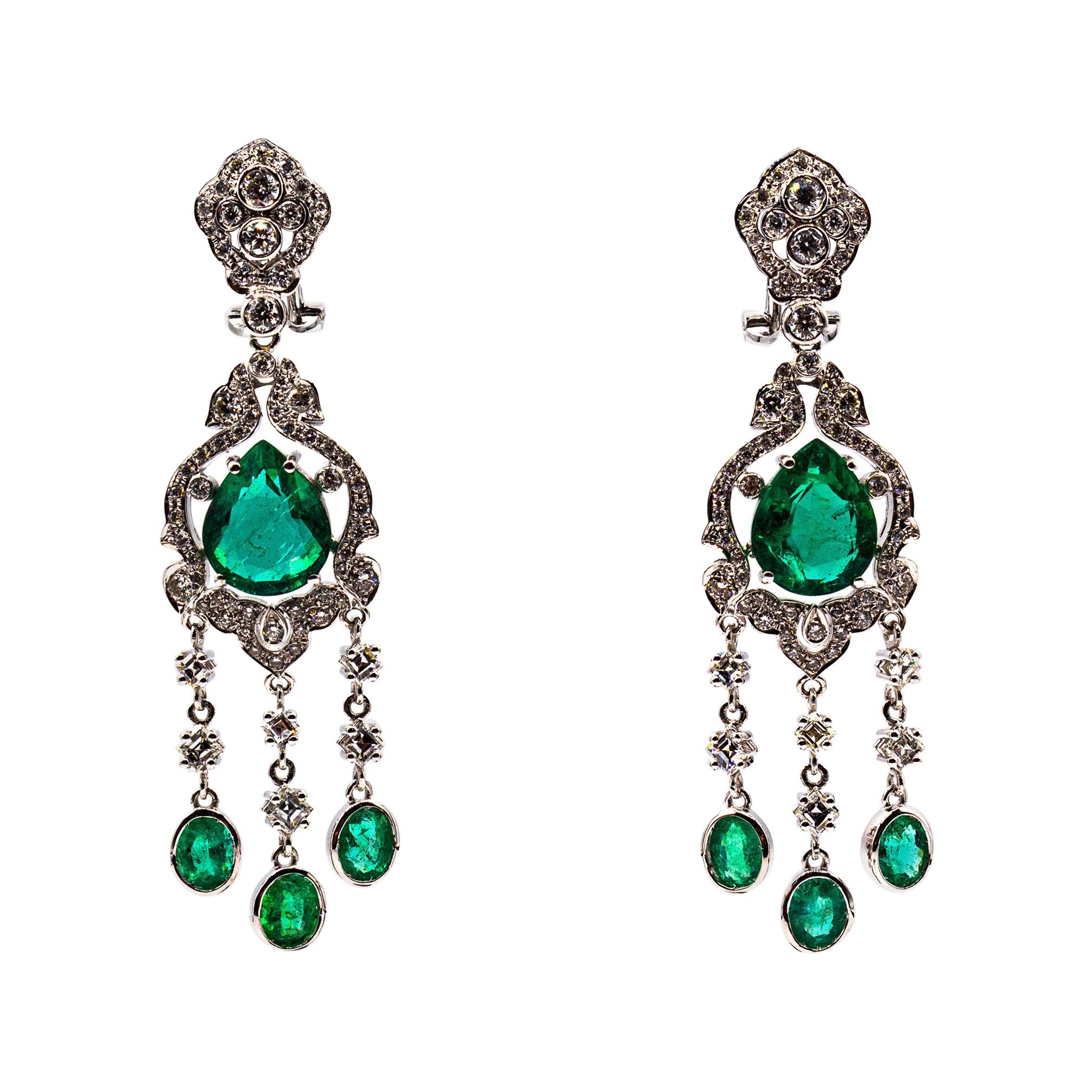 Art Deco Style Certified White Diamond Pear Cut Emerald White Gold Earrings