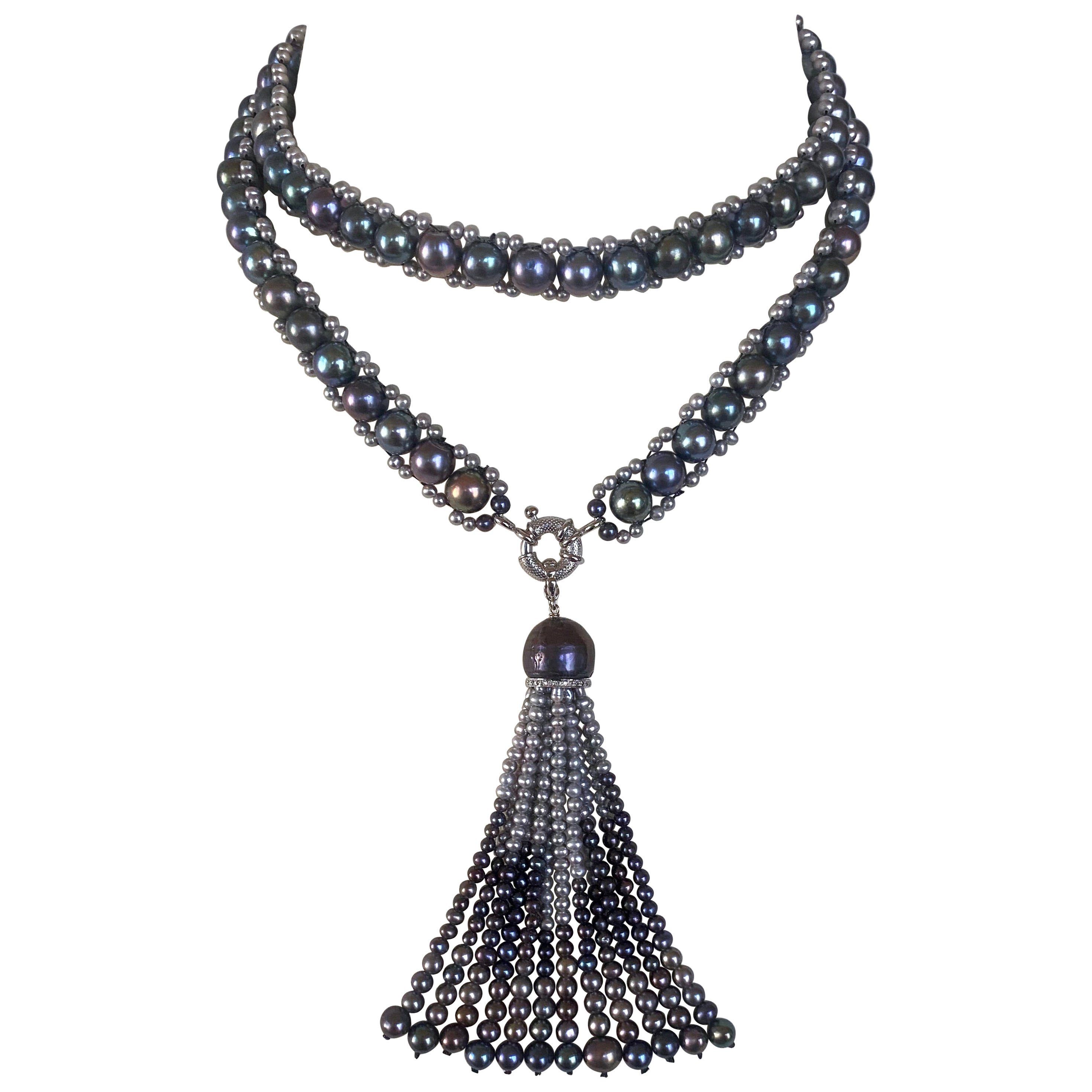 Marina J. - Lariat tissé en perles noires et grises avec or blanc 14 carats