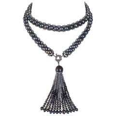 Marina J. Black & Grey Pearl Woven Lariat with 14k White Gold