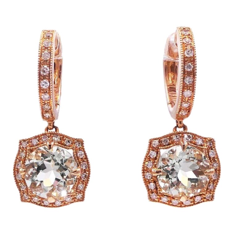 Green Amethyst Prasiolite Diamond Halo 14 Karat Rose Gold Huggie Drop Earrings For Sale