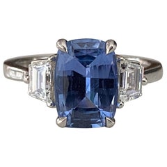 GIA Certified Three-Stone Natural Sri Lankan Blue Sapphire and Diamond Ring